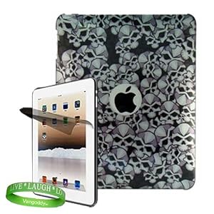 Stylishly Designed Hard Cover Snap on Case, iPad Cover for Apple iPad MB292LL/A Tablet (16GB, 32GB, Wifi + 3G)- Black and White Skull Print + Custom Cut iPad Screen Protector + Live * Laugh * Love VG Silicone Wrist band!!!