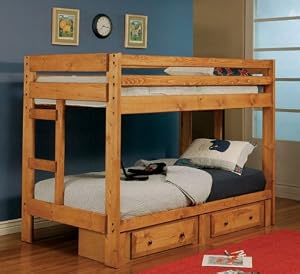 Twin Size Bunk Bed With Storage Drawers In Amber Wash Finish