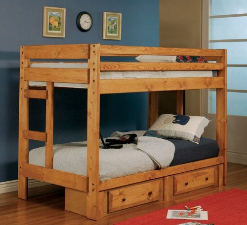 Twin Size Bunk Bed with Storage Drawers in Amber Wash Finish