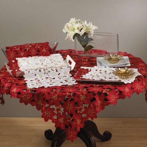 Holiday Flor De Navidad Cutwork Tablecloth, 36 Inch Square, Ivory Color, One Piece