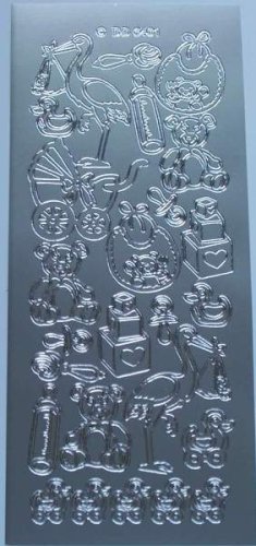 Childrens Toyshop  Toys : One sheet of peel off stickers for cardmaking and craft - silver - new baby - stork, bib, bear, pram, bottle, duck, building blocks, rattle
