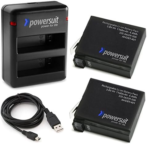 High-Performance Power Kit for GoPro Hero 4 - Includes Dual Battery Charger + 2 Spare Batteries [PowerSuit® Lifetime Warranty]