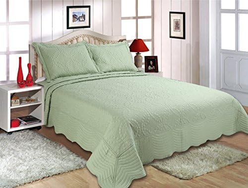 Royal Luxury 3pcs High Quality Fully Quilted Embroidery Quilts Bedspread Bed Coverlets Cover Set , king Solid sage / green