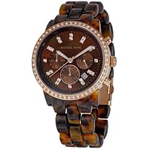 Women's Marbled Plastic Link Bracelet Gold Tone Quartz Chronograph Crystal Bezel