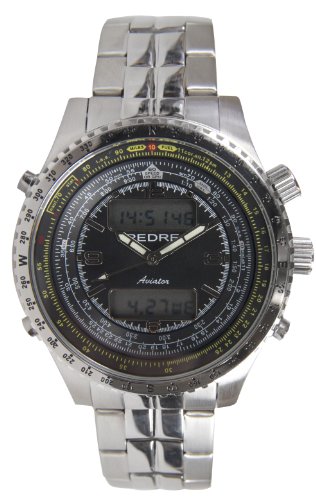 Pedre Mens Aviator All Steel Flight Computer Alarm Chronograph Internal Slide Rule Bracelet Watch, # 0124SX