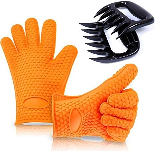 Jstariver Heat Resistant Silicone Gloves and Pulled Pork Shredder Claws Set for Grilling Oven BBQ Barbecue Cooking Baking Potholders, Comfortable, Flexible, Non-Slip