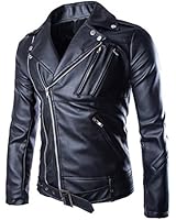New Mens Causal Belted Design Slim Pu Leather Biker Zipper Jacket Coat