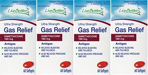 Simethicone 180mg Softgels Anti-Gas Generic for Phazyme Ultra Strength Gas Relief Bottle of 60 SoftGels 4 PACK Total 240 ea.