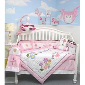SoHo Victorian Flower Tree Crib Nursery Bedding Set 10 pcs **Reversible Into Morden Pink & Brown Polka Dot Designs !**