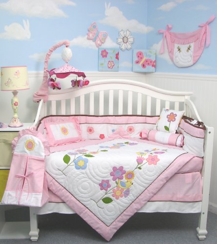  soho victorian flower tree nursery crib bedding set 10 ** reversible pieces into murder pink & brown polka dot designs! ** 