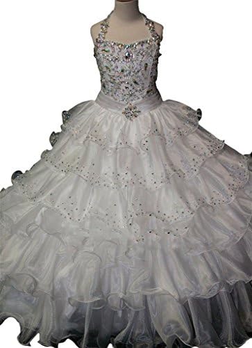 MengLu Flower Girls' White Straps Crystal Pageant Dresses Ball Gown 12-13 Years