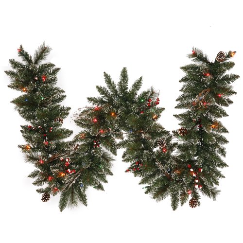 9 ft. Christmas Garland - Classic PVC Needles - Frosted - Snow Tip Pine/Berry - Prelit with Multi-Color Mini Lights - Vickerman B106314