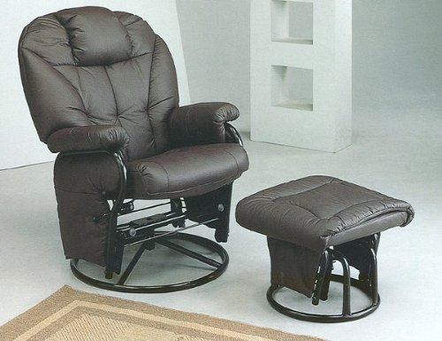 Knitted Pillow Style Plum Leatherette Swivel Glider Rocking Chair w/Ottoman