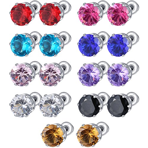 IBLUE Jewelry 9 Pairs Stainless Steel Womens CZ Stud Earrings Set Piercing