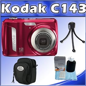 Kodak EasyShare C143 12MP Digital Camera w/ 3X Optical Zoom, 2.7 LCD (Red) + Camera Bag + Table Tripod + 3 pieces Cleaning Kit