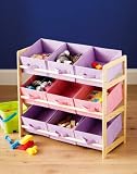 3 Tier Toy Storage Box Unit With 9 Pastel Coloured Fabric Bins