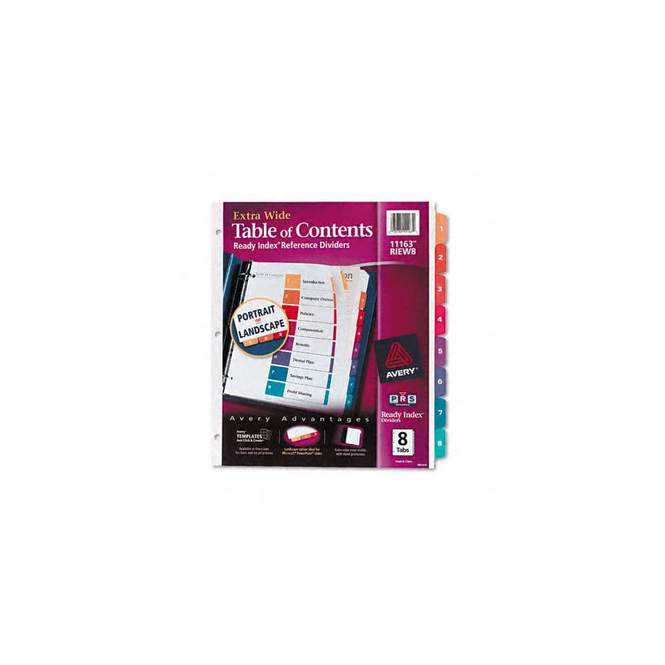 Avery Products   Avery   Extra Wide Ready Index Dividers, Eight Tab, 9 1/2 x 11, Assorted, 8/Set   Sold As 1 Set   Taller and wider for use with top loading 9 x 11 sheet protectors.   2 in 1 tabs let you choose between portrait and landscape formats.   The