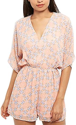 Southstore Women's Tile Print V Neck Cross Short Elastic Waist Summer Jumpsuit (XX-Large)