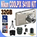 COOLPIX S4100 14 MP Digital Camera with 5x NIKKOR Wide-Angle Optical Zoom Lens and 3-Inch Touch-Panel LCD (Silver) + 32GB SDHC Memory + USB Card Reader + Memory Card Wallet + Shock Proof Deluxe Case + Accessory Saver Bundle! Best Price