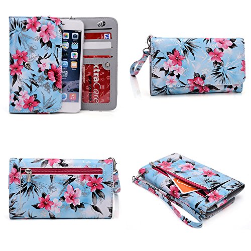 Compatible With: Docomo Fujitsu Arrows NX F-02H, Ekotek Ekophone Sage |BABY BLUE PINK WHITE| [FLORAL] Women's Wallet Clutch Wristlet Case