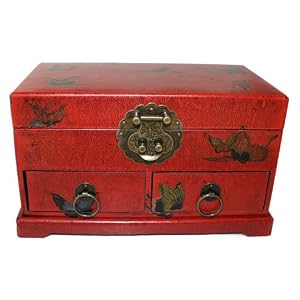 Vintage Style Jewelry Box Cosmetic Box with Butterfly Painting in Antique Red