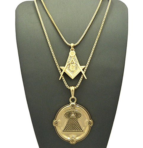 Gold-Tone Masonic Square and Compass & Pyramid Medallion Pendant Set w/ Multi-Length Box Chains