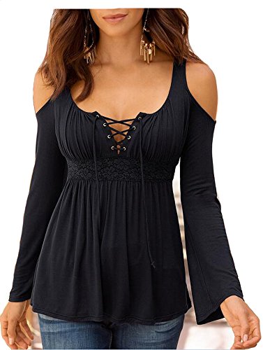 ETCYY Women's Long Sleeve V Neck Casual Off Shoulder T-Shirt Blouse Tops