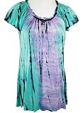 IDI Fashion Rayon & Spandex, Flare Ruffled Short Sleeve, Embellished Boat Neck, Women's Blue Tie Dye Top - Retro Tie Dye