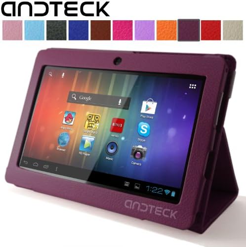 Andteck Flip Leather Case for Zeepad 7.0, Dragon Touch A13 Q88, Y88, Chromo, FastTouch, Tagital, Noria Jr, Tab Nero 7" Tablet PCs w/Dual Camera [Protector/Stand] (Plum)