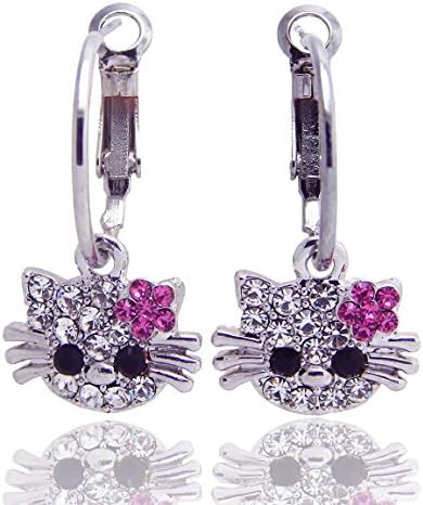 Halei Luxury Design Silver Plated White Crystal Diamond Cat Shaped Hoop Earrings.