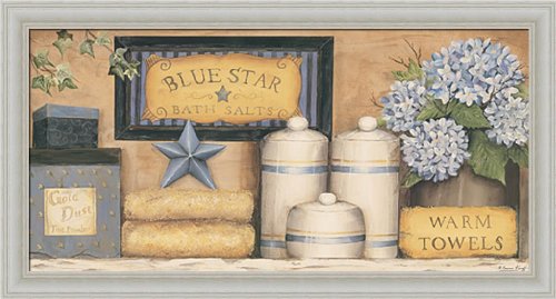 Warm Towels by Carrie Knoff Country Blue Bathroom 20x11 Framed Art Print Picture Wall Decor