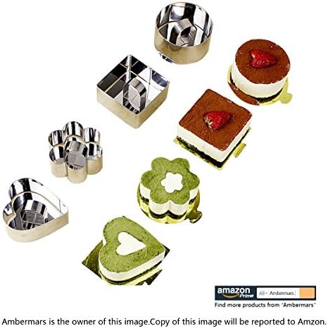 Ambermars 4pcs Mousse Cake Pastry Ring Stainless Steel Cutters Mousse Mold - Heart,Flower,Circle,Square Shaped Mousse Cake Molds,Cheeses Cake for Desserts Making