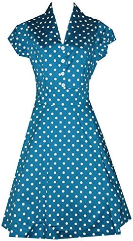 Vintage Style Retro Housewife Collar Medium Polka Dot Dress (Medium, Teal)