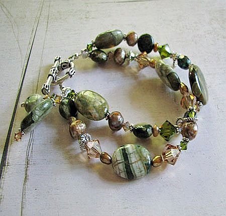 Click here to buy Rhyolite, Swarovski Crystal and Pearl 2 Strand Bracelet.