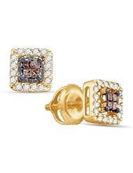 14K Yellow Gold Princess Cut Chocolate Brown and White Diamond - Square Princess Shape Halo Invisible & Channel Set Studs Earrings with Secure Screw Back Closure - (.30 cttw.)