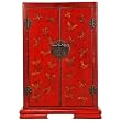 Handmade Asian Furniture - 37" Antique Style Red Wood Storage Cabinet With Gold Vintage Butterflies