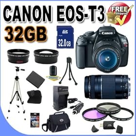 Canon EOS Rebel T3 12.2 MP CMOS Digital SLR with 18-55mm IS II Lens (Black) + Canon EF 75-300mm f/4-5.6 III Telephoto Zoom Lens + 58mm 2x Telephoto lens + 58mm Wide Angle Lens (4 Lens Kit!!!) W/32GB SDHC Memory + Extra LPE10 Battery/Charger + 3 Piece Filter Kit + Full Size Tripod + Accessory Kit