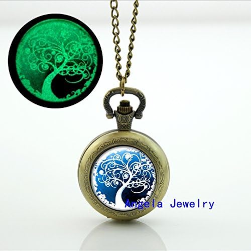 Pretty Lee Fashion Tree of life Glowing Pocket Watch Necklace Glass Tree Jewelry Glow in the Dark Pocket Watch