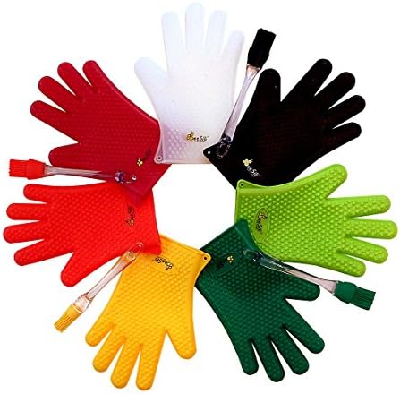 Bee Sili Kitchen Oven, BBQ Grill Mitt, Camping Pot Holder Silicone Gloves - Bonus Sauce Basting, Pastry Brush - Highest Grade Fire, Heat, Cold, Stain, Mold, Water Resistant Silicon - XXL Fits Largest Hands - Red