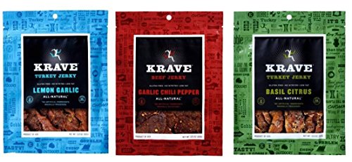Krave Gluten Free All-Natural Jerky 3 Flavor Variety Bundle: (1) Krave Lemon Garlic Turkey Jerky, (1) Krave Garlic Chili Beef Jerky, and (1) Krave Basil Citrus Turkey Jerky, 3.25 Oz. Ea. (3 Pouches Total)