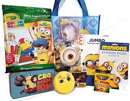 MINIONS Coloring Bundle Tote Coloring Book 24 Crayola Crayons COLOR WONDER MESS FREE MARKERS &amp; Coloring pages, Crominion Tin Box 2 Eye-Pad notepads, Stickers Puzzle &amp; Snack Box large 9 piece pack