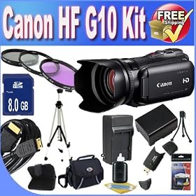 Canon VIXIA HF G10 Full HD Camcorder with HD CMOS Pro and 32GB Internal Flash Memory + 8GB SDHC Class 10 Memory Card + Extended Life Lithium Battery + Ac/Dc Rapid Charger + USB Card Reader + Memory Card Wallet + Shock Proof Deluxe Case + Mini HDMI to HDMI Cable + 3 Piece Professional 58mm Filter Kit
