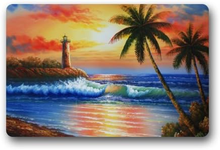 Custom It painting sea waves palm trees island lighthouse sunset sky Rectangular Decorative non slip Doormat 15.7 by 23.6 by 3/16-Inch