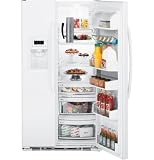 GE GSCF3PGXWW 22.7 cu. ft. Counter-Depth Side by Side Refrigerator with 3 Glass Shelves, Clear Gallon Door Storage, Turbo Cool Setting, Integrated Ice System and External Ice/Water Dispenser: White