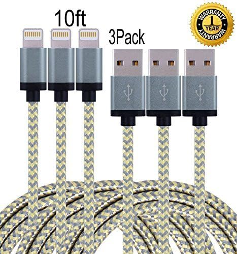 IFaxnn Nylon Braided USB Lightning Charging Cable, 10 Feet (3 Pieces) - Gold/Gray