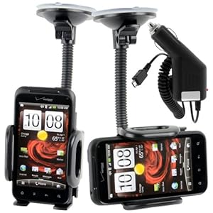 HTC Droid Incredible 2 (Verizon) Adjustable Car Windshield Dash Mount Cradle Holder Kit + Micro USB Rapic Car Charger G14