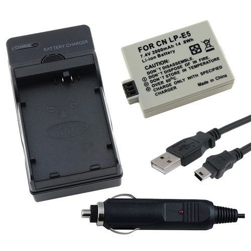 Type A to Mini 5-Pin Type B USB Cable 10 ft + Battery Pack with Charger for Canon LP-E5 Digital Rebel T1i, XS & XSi Digital SLR Camera