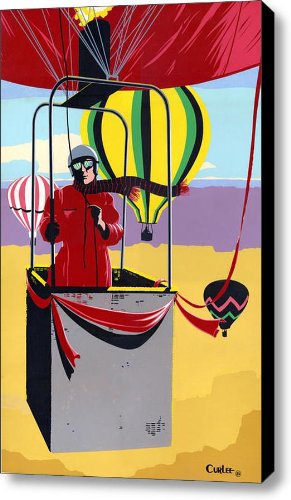 Ballooning balloons balloonists 1980s 80s original pop art nouveau painting print red yellow retr...