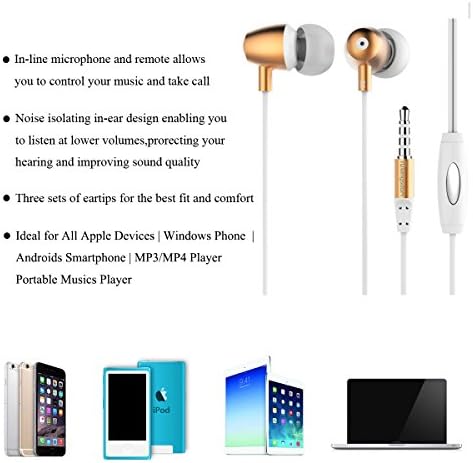 Dislot Earphones Metal In-ear Super Bass Earbuds Headset with Mic Remote Stereo Headphones for Iphone, Ipod, Ipad, Samsung, Android Smartphone, Tablets, Mp3 Players (Gold)