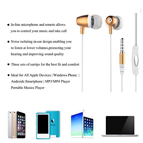 Dislot Earphones Metal In-ear Super Bass Earbuds Headset with Mic Remote Stereo Headphones for Iphone, Ipod, Ipad, Samsung, Android Smartphone, Tablets, Mp3 Players (Gold)